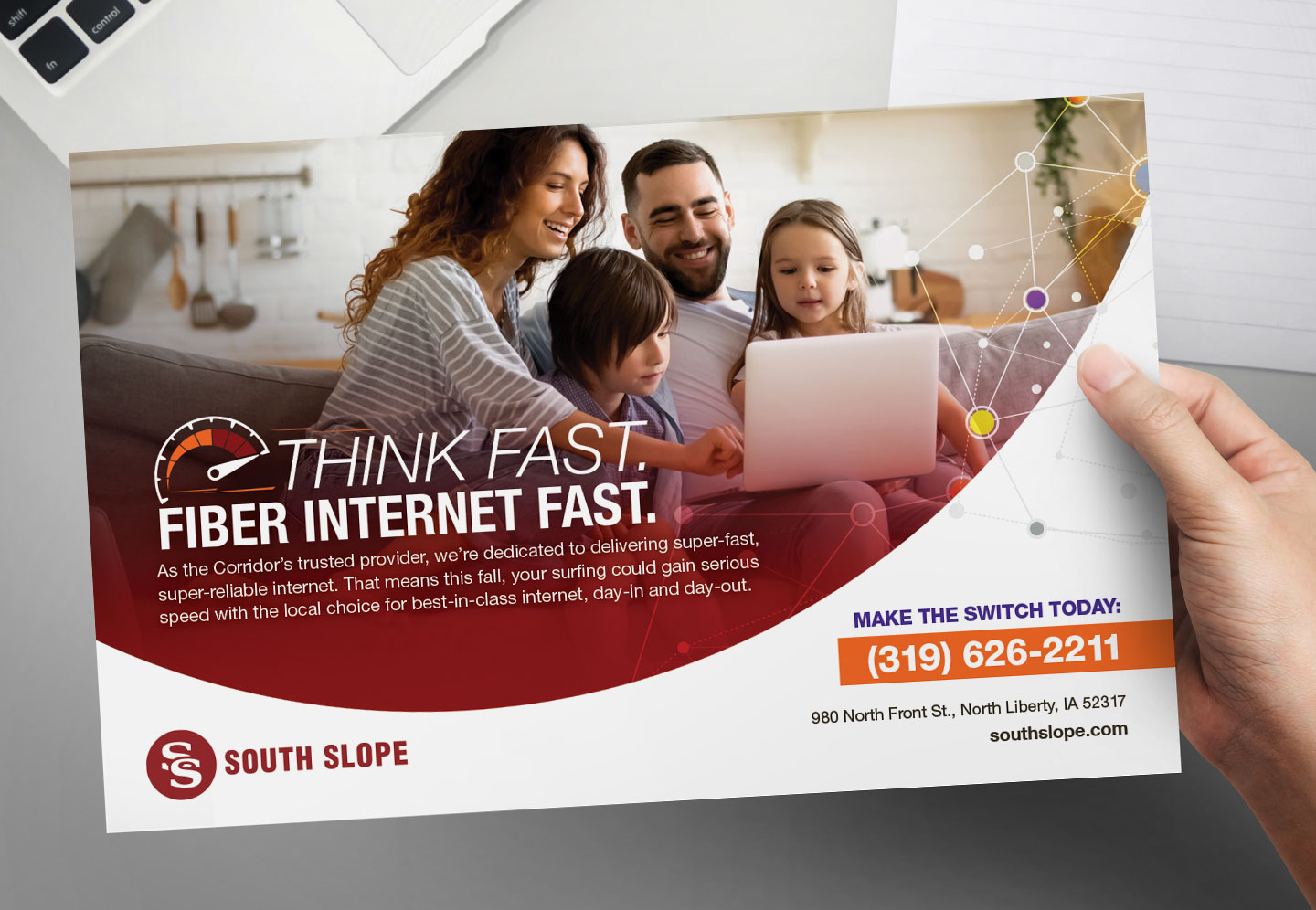 A South Slope ad that says "Think Fast. Fiber Internet Fast."