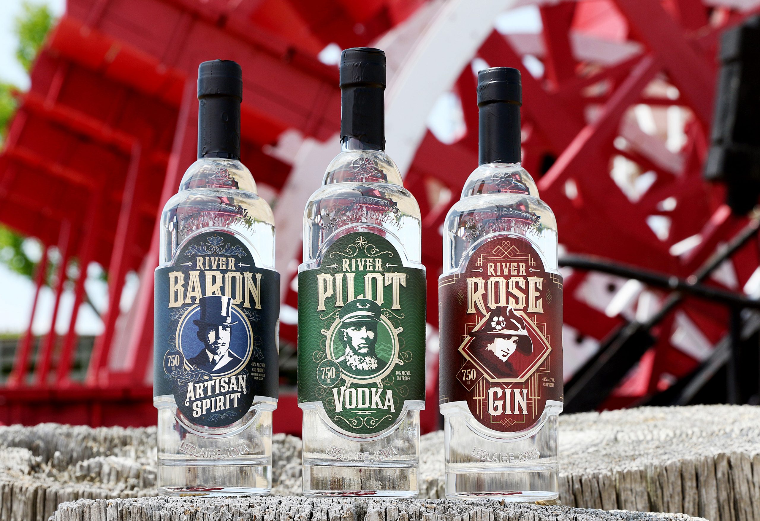 Photo of three Mississippi River Distilling Company bottles side-by-side; River Baron, River Pilot and River Rose