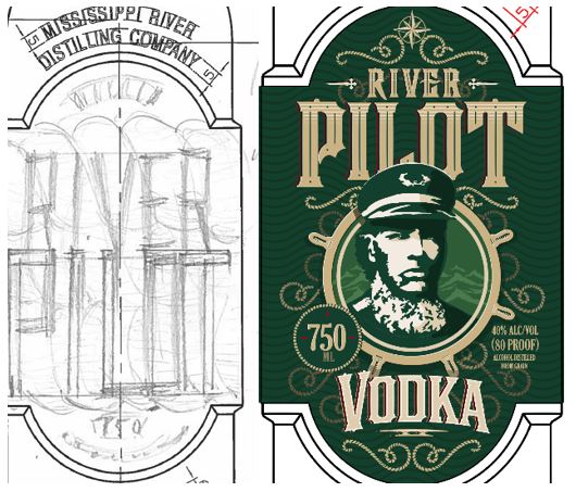sketch of River Pilot label next to final green label 