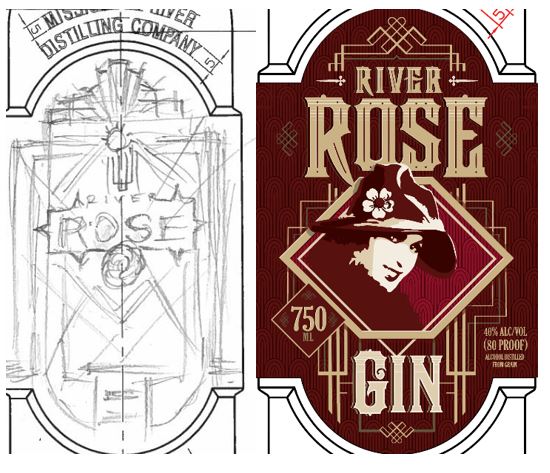 sketch of River Rose label next to final red label 
