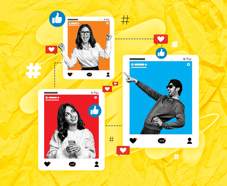 three images of social media posts with people pictures in them, illustrated