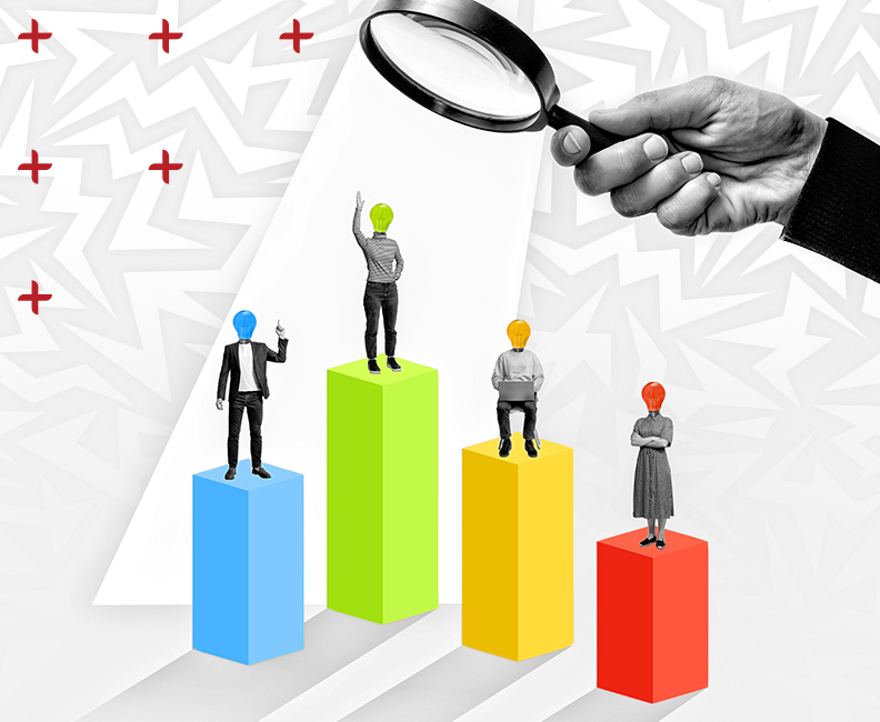 Focus group blog post graphic of magnifying glass looking at different types of customers