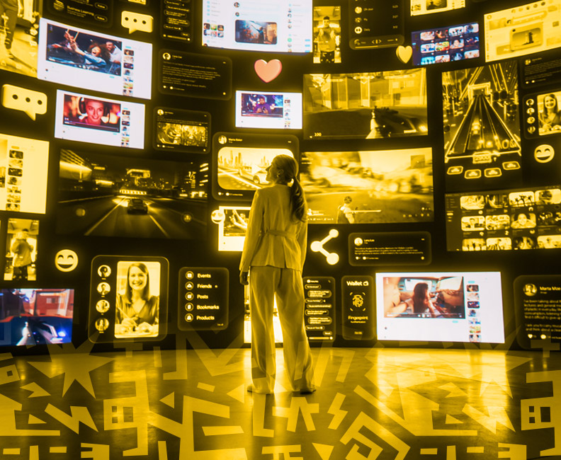 Beyond the feed: Lady looking at multiple different screens