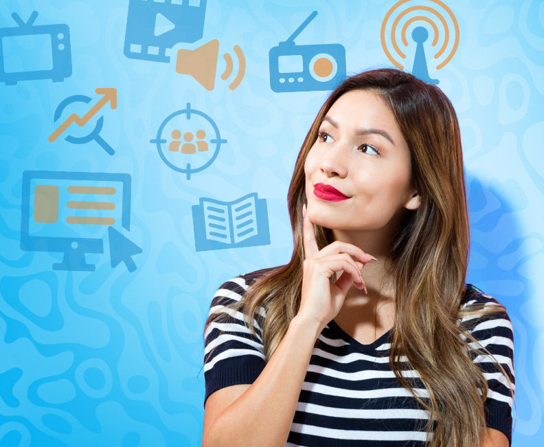 Choosing the right media mix for your brand - image of female thinking about the media mix to choose
