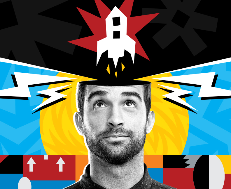 Keeping your brand visuals consistent without getting repetitive - image of male thinking with rocket coming out of the top of his head