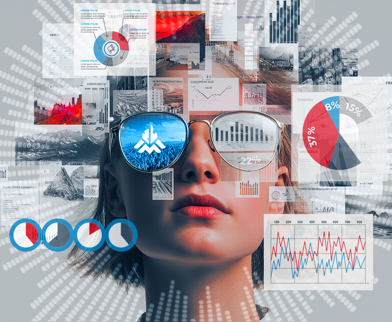Four reasons why research is a brand marketing tool you can't afford to overlook - image of lady with glasses on and different charts surrounding her head