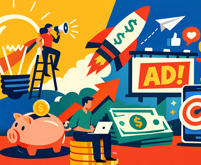 The best marketing rarely has the biggest budget: graphic image of marketing team working on many different spending tasks