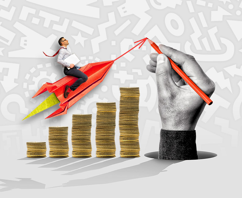 Is your cool creative making a business impact? - Image of person on rocket heading up signifying growth