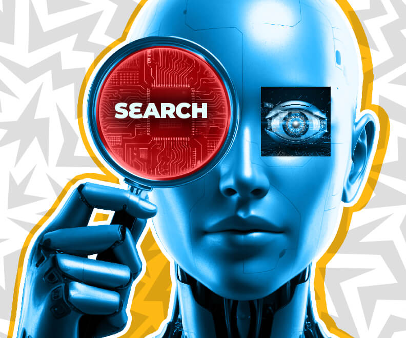 AI Optimization image of robot with a magnifying glass that has the word search in it