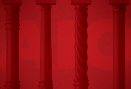 A red image with tall columns in front of the letters AIO.