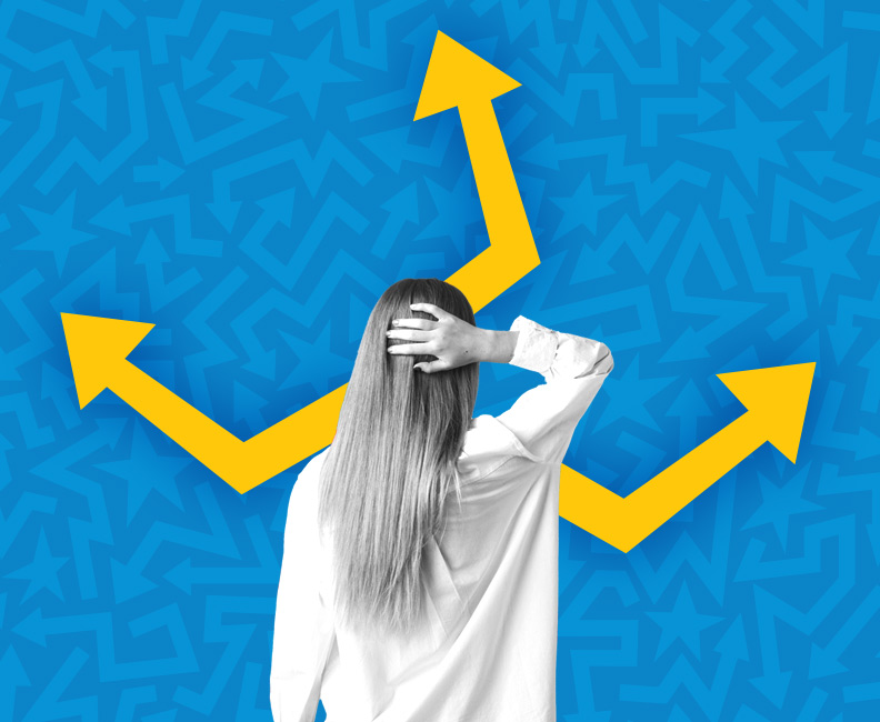 A woman scratching her head in front of yellow arrows moving in different directions on a blue background.