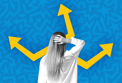 A woman scratching her head in front of yellow arrows moving in different directions on a blue background to illustrate branding, marketing and advertising choices